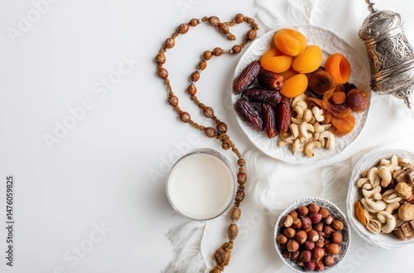 Obraz Traditional Ramadan Iftar Table with Dried Fruits, Nuts, Milk, and Prayer Beads Decorated for Celebration and Spiritual Reflection