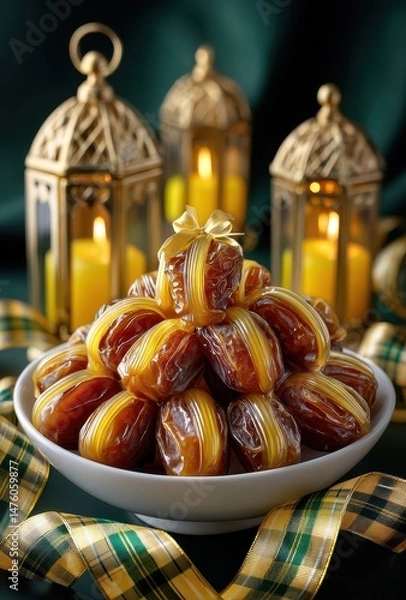 Obraz Traditional North African Dates in Decorative Bowl Surrounded by Lanterns and Candles for Festive Celebrations and Cultural Events