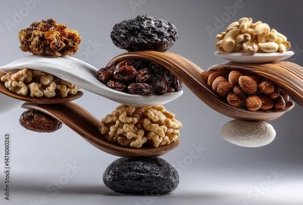 Obraz Unique Display of Assorted Nuts and Dried Fruits on Modern Sculptural Plates with Artistic Balance and Curved Wooden Stands