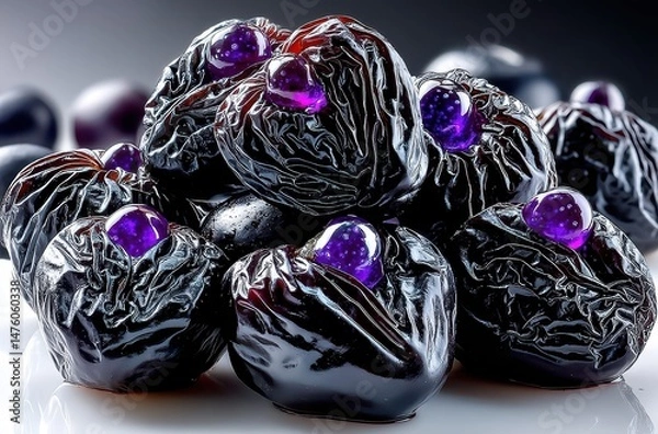 Obraz Unique Black Candies with Vibrant Purple Centers Against a Smooth Surface, Ideal for Creative Culinary Displays and Artistic Food Photography.