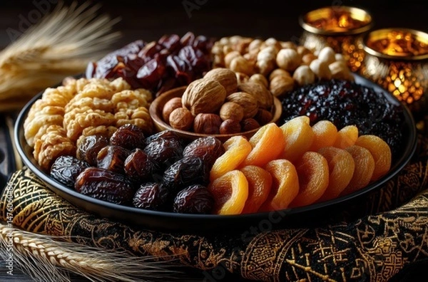 Obraz Variety of Dried Fruits and Nuts Displayed Elegantly on a Round Black Plate Surrounded by Beautiful Lanterns and Decorative Textiles