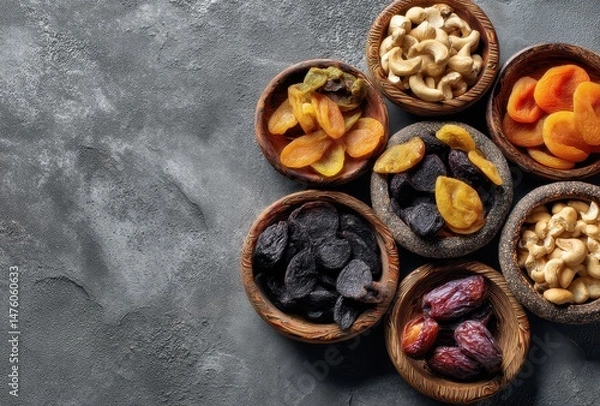 Obraz Variety of Dried Fruits and Nuts in Decorative Bowls on Textured Surface with Dark Tones, Perfect for Healthy Snack or Culinary Inspiration