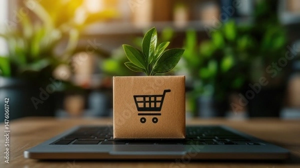 Obraz Sustainable business: a plant grows from a shipping box with a shopping cart icon placed on a laptop.