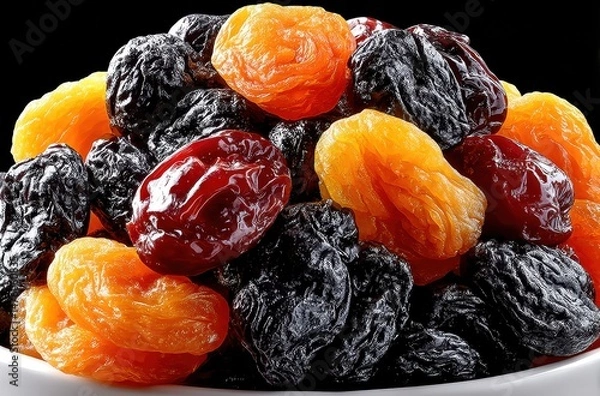 Obraz Variety of Dried Fruits Including Apricots, Raisins, and Plums Arranged Aesthetically on a Plate against a Black Background