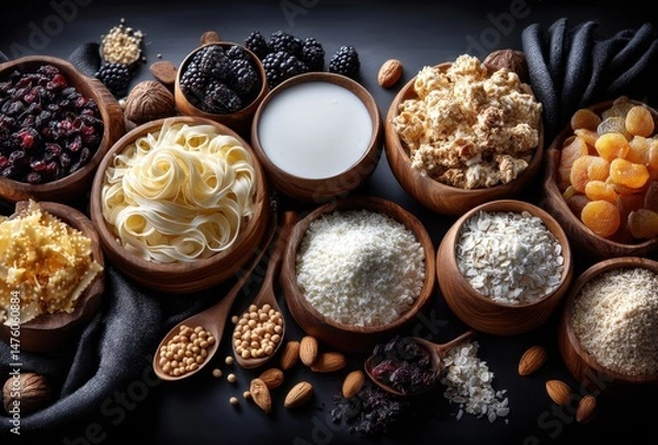 Obraz Variety of Dried Fruits, Nuts, Spices, and Grains in Wooden Bowls on Dark Background for Healthy Cooking and Natural Ingredients Ideas
