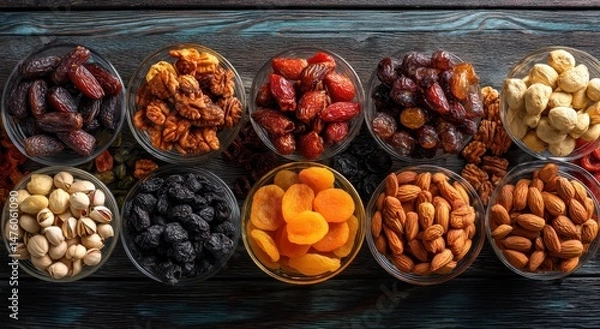 Obraz Variety of Nuts and Dried Fruits in Glass Bowls on Rustic Wooden Table with Natural Light and Rich Textures