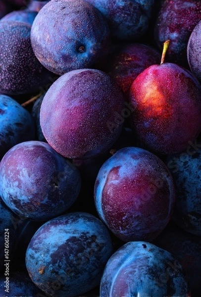 Obraz Vibrant and Fresh Plums in Various Shades of Purple and Red, Displaying Natural Textures and Juicy Surface Ideal for Healthy Lifestyle and Culinary Use