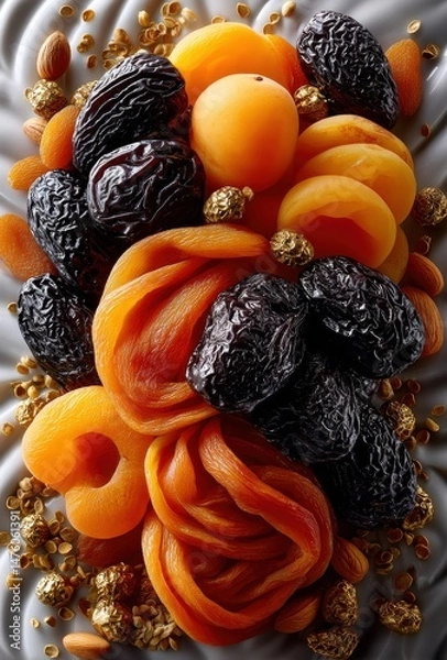 Obraz Vibrant Arrangement of Dried Fruits and Nuts with a Textured Background, Featuring Apricots, Plums, and Almonds for Healthy Snacking