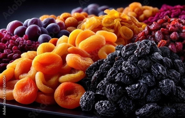 Obraz Vibrant Arrangement of Dried Fruits Including Apricots, Raisins, Figs, and Various Berries on a Dark Background for Healthy Snacking and Culinary Use