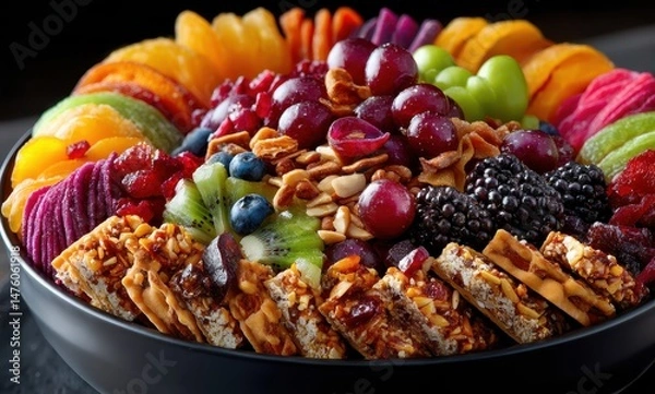 Obraz Vibrant Arrangement of Fresh Fruits, Nuts, and Snacks in a Bowl Featuring a Colorful Variety of Healthy Options for a Refreshing and Flavorful Spread