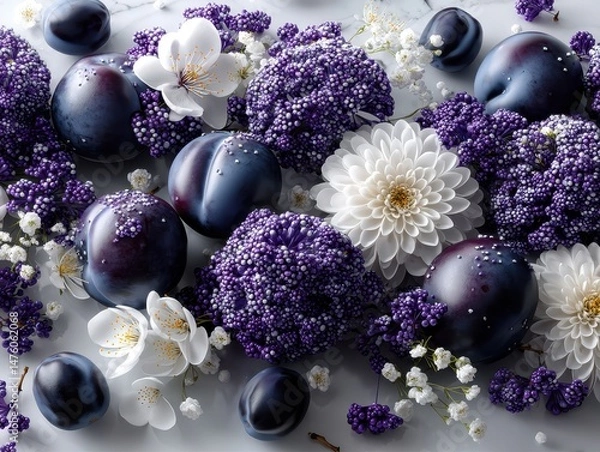 Obraz Vibrant Arrangement of Plums, White and Purple Flowers on Marble Surface, Capturing the Essence of Seasonal Freshness and Natural Beauty in a Stylish Composition