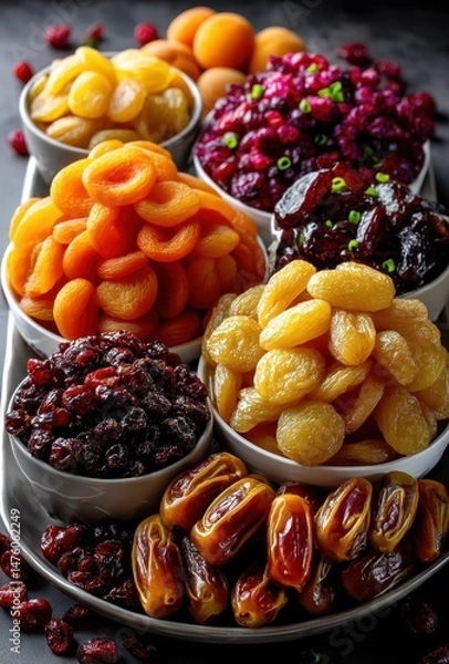 Obraz Vibrant Array of Dried Fruits in Bowls Showcasing Colors and Textures Ideal for Healthy Snacking or Culinary Inspiration in a Culinary Art Setting