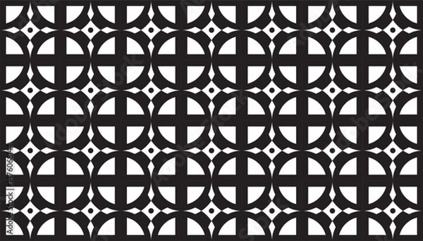 Fototapeta A bold and striking geometric pattern in black and white featuring interlocking circles with cross-shaped interiors. 