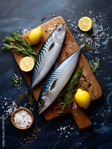 Fototapeta fresh mackerel fish on a wooden cutting board with lemon and spices