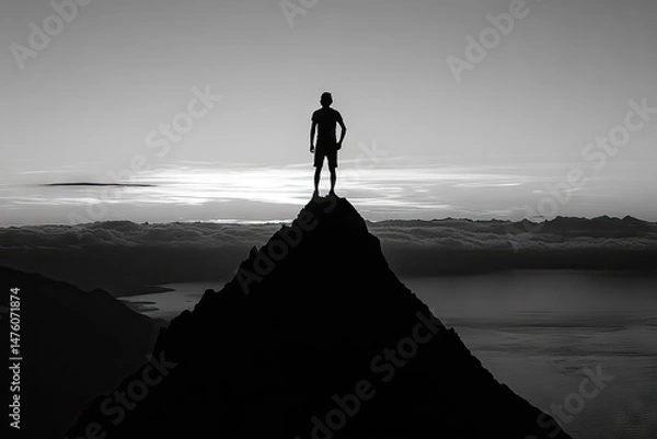 Obraz Silhouette of a person atop a peak, with cloudscape and distant lake in a black and white setting