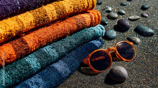 Fototapeta Colorful beach towels and sunglasses scattered on sand sunny coastline vibrant still life relaxing atmosphere close-up view summer vibes