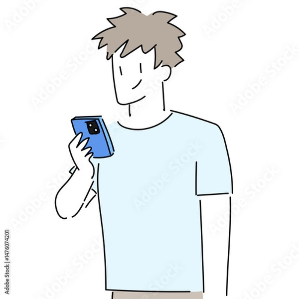 Fototapeta 男性　スマホ　シンプル　線画　おしゃれ　スマホを見る