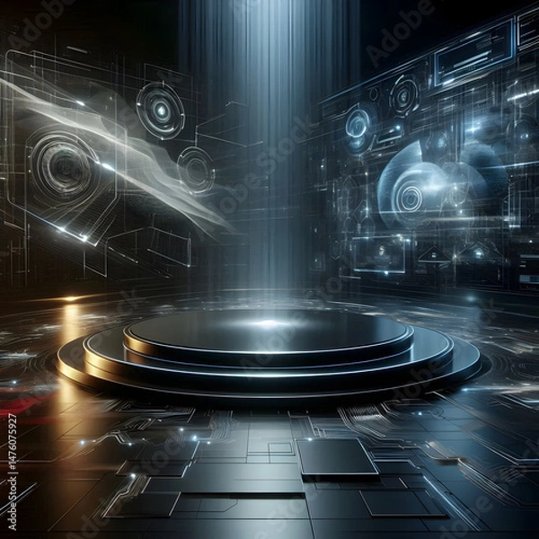 Obraz Futuristic dark podium with light and reflection background