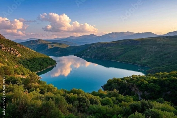 Fototapeta a view of a lake surrounded by mountains and trees