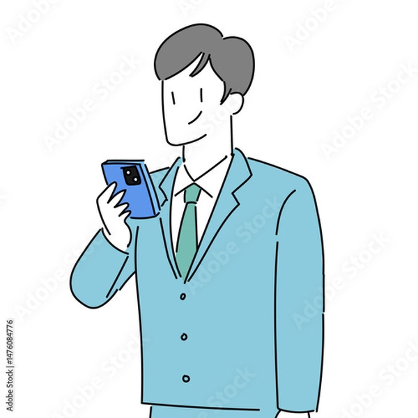 Fototapeta 男性　スマホ　シンプル　線画　スーツ　スマホを見る　ビジネス