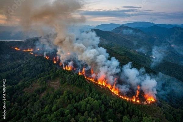 Fototapeta a large fire is burning in the middle of a forest