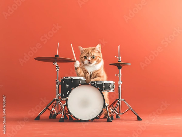 Fototapeta Ginger cat playing drums with red background.