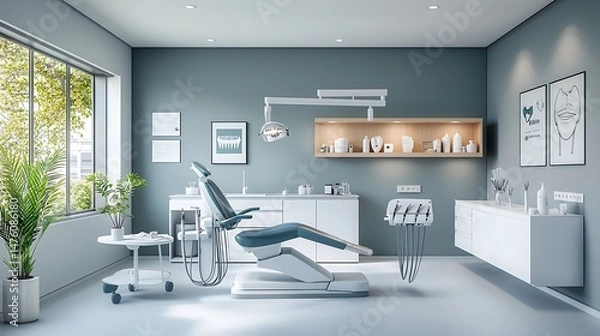 Fototapeta Modern dental office with chair, window, equipment, and sterile, light design