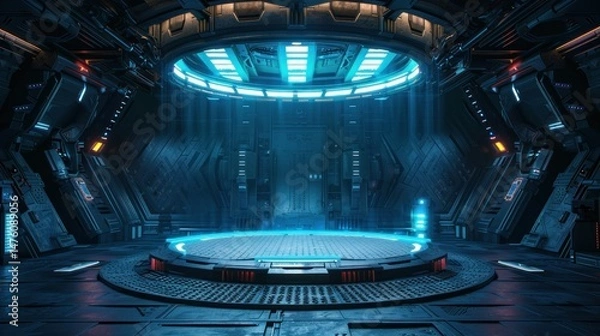 Fototapeta A futuristic space station podium with a blue dome and a large circular room