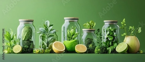 Obraz Assortment of fresh green vegetables and citrus fruits arranged in glass jars on a monochromatic background.