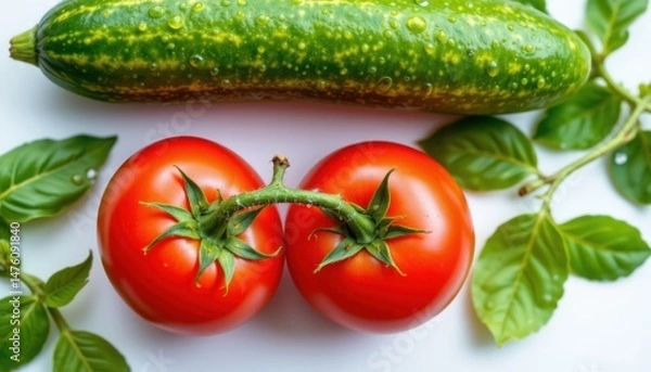 Fototapeta Fresh vegetable display tomatoes and cucumbers kitchen counter food photography bright and natural lighting
