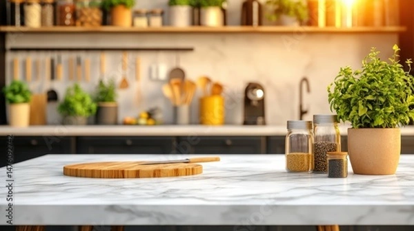 Obraz A bright modern kitchen showcases a marble countertop with a cutting board and potted herbs in the sunlight.