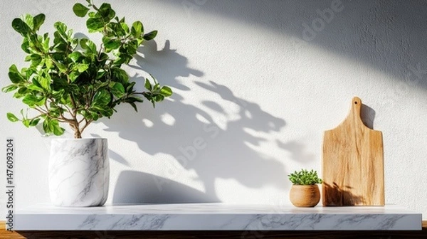 Obraz Sunlight casts shadows near a potted plant and cutting board on a marble counter against a white wall.
