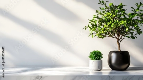 Obraz Two potted green plants are on a marble shelf, with natural light shining on a white wall background.