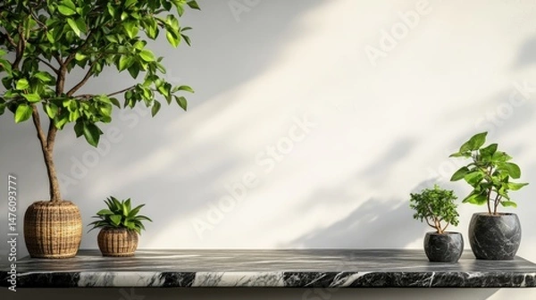 Obraz Plants in decorative pots are placed on a marble shelf against a white wall with natural light shadows.
