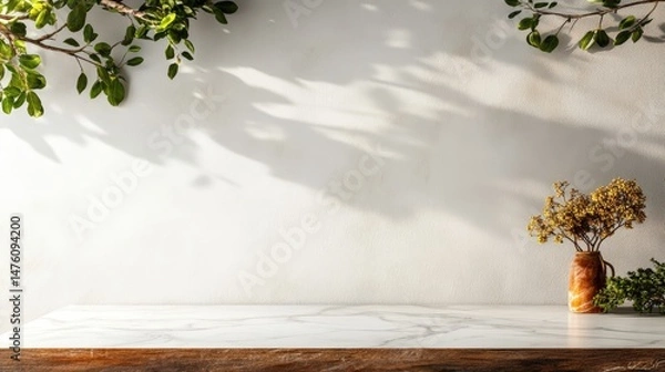 Obraz Marble countertop with a rustic vase of dried flowers placed against a white wall and greenery above it.