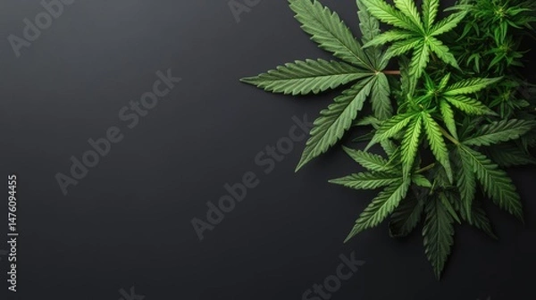 Obraz Bright green hemp leaves arranged on a dark black background create a modern and fresh cannabis design piece.