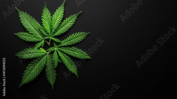 Obraz Two vibrant green cannabis leaves are arranged artfully against a stark black background creating contrast.