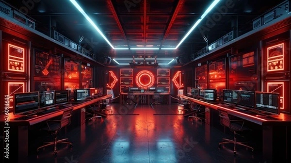 Obraz Digital control room concept with red dangerous warning computer screens. AI generated image