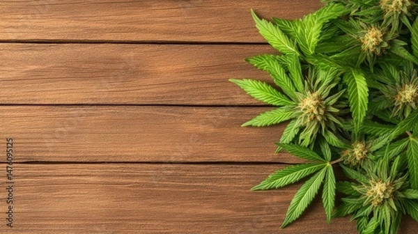 Obraz Green cannabis buds and leaves are arranged on a rustic brown wooden plank surface providing copy space.