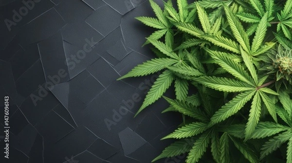 Obraz Cannabis plant leaves are arranged on a dark geometric background creating an abstract and textural scene.