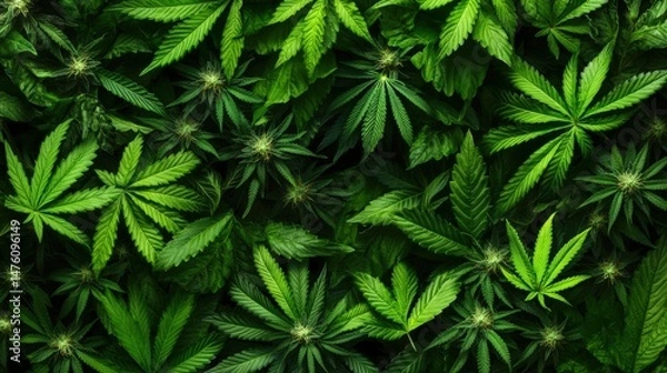 Obraz Lush green cannabis plants fill the frame, showcasing their intricate leaves and potential medical applications.