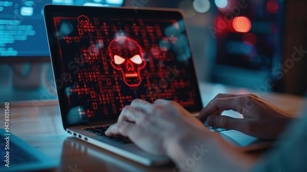 Fototapeta A person is typing on a laptop with a red triangle alert on the screen