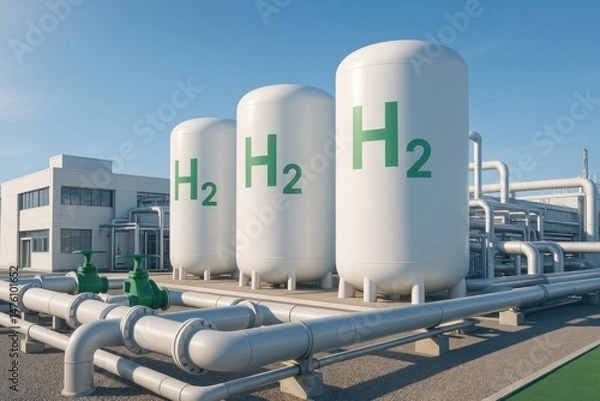 Fototapeta Modern green hydrogen power plant under clear sky, clean structures and pipelines emphasizing renewable energy promise