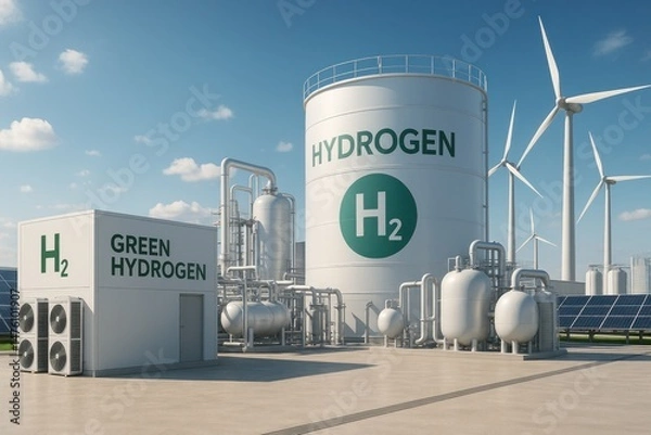 Fototapeta High-tech green hydrogen facility surrounded by clean industrial elements, representing the future of sustainable power