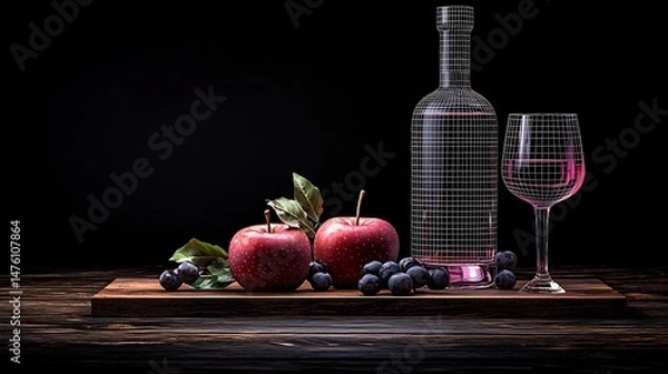 Fototapeta Still life of apples, grapes, and wine bottle with wireframe overlay