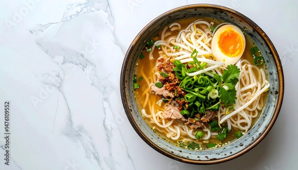 Fototapeta Savoring delicious noodle soup kitchen food photography cozy atmosphere top down view
