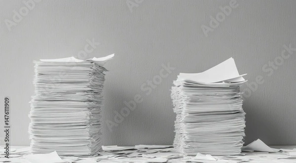 Fototapeta Two tall stacks of papers sit on a table with scattered scraps