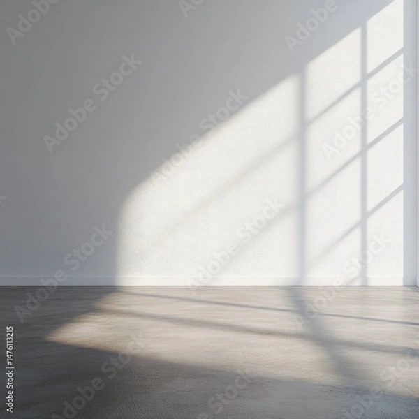 Fototapeta Sunlit empty room with white walls and grey floor.  Sunlight streams through a window, casting shadows