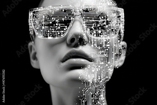 Fototapeta Digital overlay on a woman's face in grayscale.
