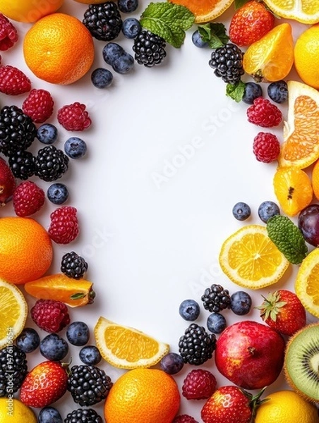 Fototapeta Mixed fruit border frame framing element on white background